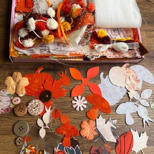 May include: A craft supply kit containing a box filled with orange, red, and white fabric scraps, yarn pom-poms, and ribbons. Scattered below are paper cutouts of pumpkins, mushrooms, and leaves, along with various brown and pink buttons.