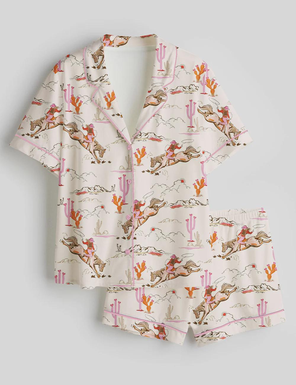 Cowgirl Western Pajama Set for Women - Cute Rodeo Print Short Sleeve Button-Up Sleepwear, Western Cowgirl Lounge Set,Country Style Summer PJ