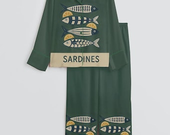 Sardines Pajama Set for Women – Fun Fish Print Button-Down Sleepwear, Cozy Matching Lounge Pajamas, Cute Gift for Her