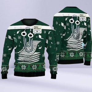 May include: Green holiday sweater featuring a large paperclip design. The sweater has a white and green pattern with snowflakes and Christmas trees. The text "Happy Holidays! Ok" is displayed on the front.