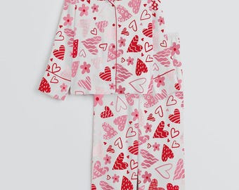 Valentine Heart Pajama Set for Women – Cute Pink Button-Up Sleepwear, Cozy Love Print PJ Set, Romantic Gift for Her