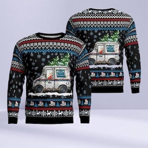 May include: Black Christmas jumper with a mail truck design and a Christmas tree on top. The jumper has a festive pattern of snowflakes, reindeer, and mail trucks. The top and bottom borders are red and white.