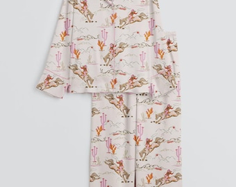 Cowgirl Pajama Set for Women – Western Horse Print Button-Down Sleepwear, Cozy Matching Lounge Pajamas, Cute Gift for Her