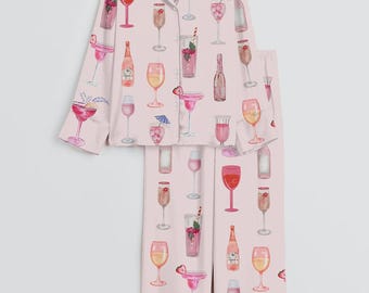 Champagne Cocktail Pajama Set – Pink Button-Up Women’s Sleepwear, Cute Wine Glass Lounge Pajamas
