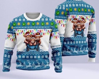 Highland Cows Christmas Sweater, Cute Scottish Cow Holiday Pullover,  Funny Farm Animal Xmas Sweater for Men & Women, Cozy Winter Gift Idea