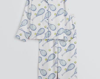 Tennis Print Pajama Set – Button-Up Women’s Sleepwear, Sporty Lounge Pajamas
