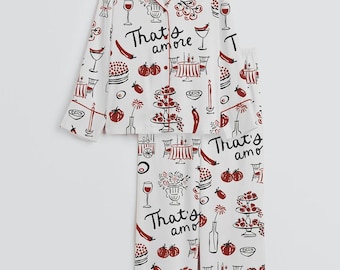 That’s Amore Pajama Set for Women – Italian Food Print Button-Down Sleepwear, Cute Matching Lounge Pajamas, Cozy Gift for Her