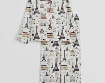 Paris Print Pajama Set – Eiffel Tower Button-Up Women’s Sleepwear, Cozy French Lounge Pajamas