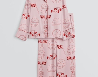 Racing Car Pajama Set – Pink Button-Up Women’s Sleepwear, Cute Motorsport Lounge Pajamas