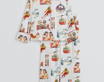 Nick & Nora Pajama Set Ski Bunny Print Sleepwear Loungewear Pink