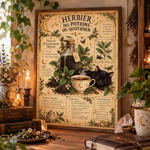 May include: A framed vintage-style poster titled Herbier des Potions du Quotidien featuring botanical illustrations, a potion bottle, a teacup, and a black cat. The print includes French text detailing potion ingredients, preparation, and magical properties.