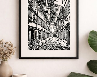 Krämerbrücke Erfurt - Linoldruck auf Japanpapier | Handgedruckte Originalkunst | Architekturmotiv in Schwarz-Weiß