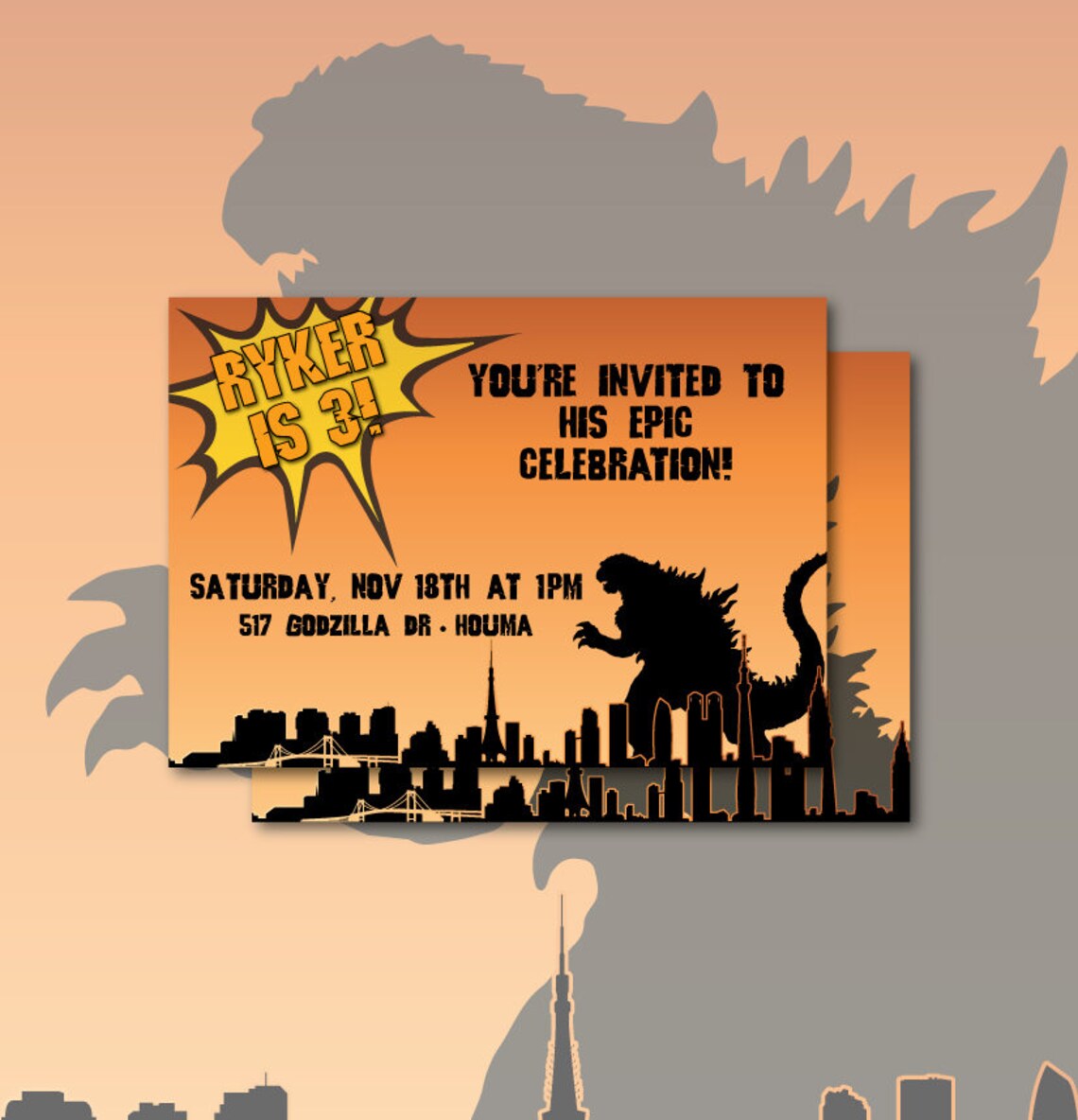 Godzilla Birthday Party Invitations Godzilla Birthday Etsy
