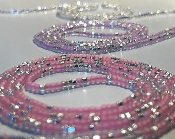 OPULENCE, FROSTED SILVER Pink - Tie On waist beads, sparkle shiny waist beads, sparkling, luxury body jewelry, wealth waist beads, body bead