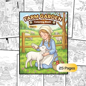 Könnte beinhalten: Ein "Farm Garden Malbuch Vol. 1" mit einer Cover-Illustration eines Mädchens, das ein Lamm füttert. Das Cover zeigt ein Mädchen in einem blauen Kleid, ein Lamm, einen Holzzaun und einen Korb mit Äpfeln. Das Buch hat 25 Seiten.