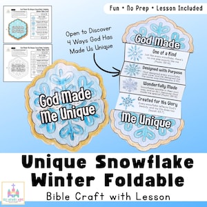 Puede incluir: Una manualidad de papel con forma de copo de nieve titulada God Made Me Unique. Presenta un diseño plegable con cuatro secciones que detallan temas religiosos, incluyendo One of a Kind, Designed with Purpose, Wonderfully Made y Created for His Glory.