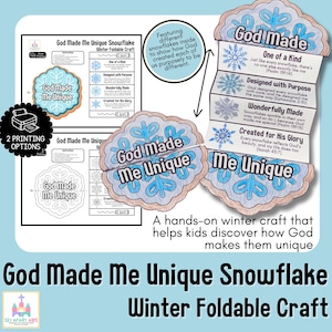 May include: A winter-themed craft kit with the text "God Made Me Unique Snowflake Winter Foldable Craft." The kit includes printable snowflake designs and a foldable craft with inspirational messages. Features two printing options.