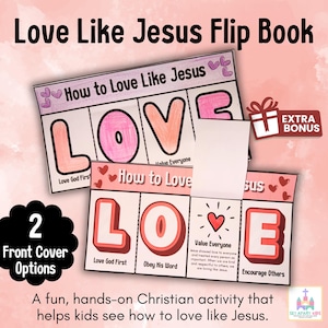 Peut inclure: Un livret à rabat coloré intitulé "Love Like Jesus" avec le mot "LOVE" en évidence. Le livret présente le texte "How to Love Like Jesus" et "Extra Bonus". Les options de couverture sont étiquetées "2 Front Cover Options".