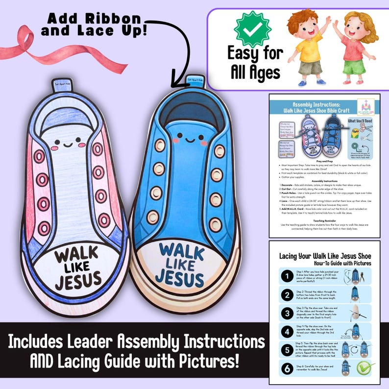 May include: A craft kit featuring two illustrated shoe cutouts, one pink and one blue, with the text "WALK LIKE JESUS." The kit includes assembly instructions, a lacing guide, and the phrase "Easy for All Ages."
