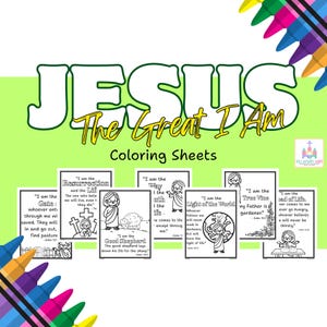 May include: Coloring sheets featuring the text "JESUS The Great I AM" in large white letters on a green background. The sheets include illustrations and Bible verses, with crayons in the corner.
