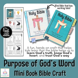 Könnte beinhalten: Bastelset mit Mini-Bibelbüchern mit funktionierenden Laschen. Die Bücher haben einen türkisfarbenen Einband mit einem Kreuz und den Worten "Holy Bible" und "The Purpose of God's Word". Das Set enthält zwei Druckversionen und ist für Kinder konzipiert.