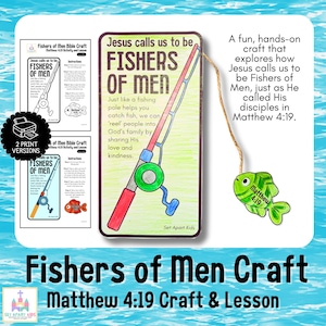 Op de afbeelding: Een knutselproject getiteld "Fishers of Men Craft" met de tekst "Matthew 4:19 Craft & Lesson". De afbeelding toont een kleurrijke tekening van een hengel en een vis, samen met instructies en de zin "Jesus calls us to be Fishers of Men."