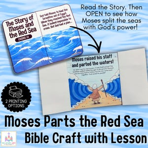 Puede incluir: Una manualidad bíblica infantil que representa la historia de Moisés y el Mar Rojo. La imagen muestra un folleto con ilustraciones del mar y Moisés, junto con texto. También se ven las palabras "Moses Parts the Red Sea Bible Craft with Lesson".