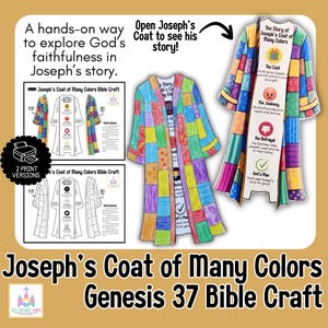 以下が含まれることがあります： ヨセフのカラフルなコートをテーマにした実践的な聖書工作。画像には、さまざまな色の長方形が描かれたカラフルなコートが表示されています。「Joseph's Coat of Many Colors Genesis 37 Bible Craft」というテキストが含まれています。