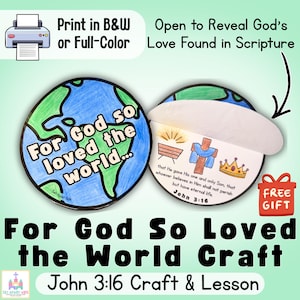 John 3:16 Bible Craft - Sunday School Printable Activity - For God So Loved the World Craft - Kids Bible Verse Flip Craft