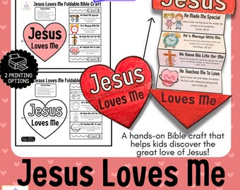 Puede incluir: Una manualidad plegable para el Día de San Valentín con el texto "Jesús me ama". La manualidad presenta un diseño de corazón rojo con las palabras "Jesús me ama" e incluye versículos bíblicos. La imagen también incluye el texto "Extra Bonus" y "2 opciones de impresión".
