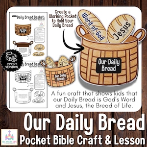 Op de afbeelding: Een papieren knutselwerk met de titel "Our Daily Bread" met een mandontwerp met de woorden "Our Daily Bread". Het knutselwerk bevat broodvormige uitsparingen met de woorden "Word of God" en "Jesus". De tekst "Pocket Bible Craft & Lesson" is ook zichtbaar.