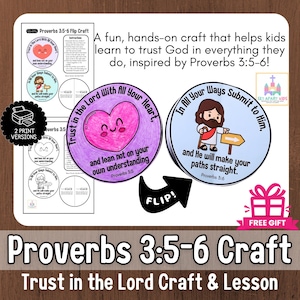 Op de afbeelding: Een knutselwerk voor kinderen gebaseerd op Spreuken 3:5-6, met illustraties van een hart en Jezus. De tekst bevat "Vertrouw op de Heer met heel je hart" en "Hij zal je paden recht maken".