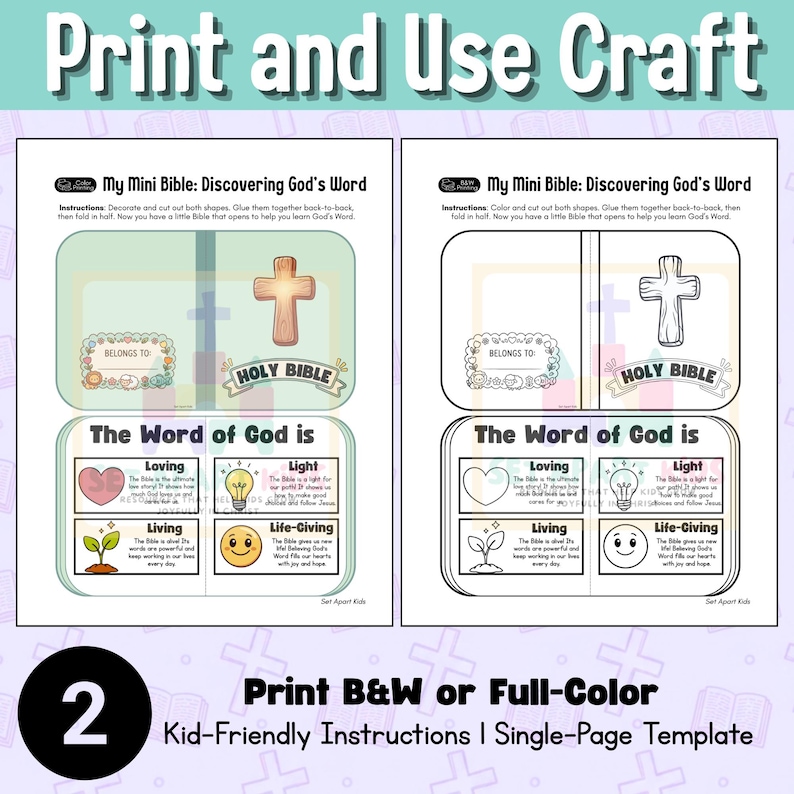 Może przedstawiać: Drukowany szablon rzemieślniczy dla mini Biblii, z krzyżem, słowami "Holy Bible" i ilustracjami "Loving", "Light", "Living" i "Life-Giving". Tekst "Print and Use Craft" znajduje się na g&oacute;rze.
