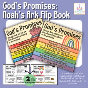 May include: Two colorful "God's Promises: Noah's Ark Flip Book" educational crafts. The books feature rainbow-colored tabs with promises and illustrations of Noah's Ark. The text includes "God's Promises" and "Print Options".