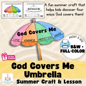 Op de afbeelding: Een kleurrijk paraplu-knutselwerk met de tekst "God Covers Me" en de woorden "Liefde, Vriendelijkheid, Bescherming, Genade". De afbeelding bevat de tekst "Summer Craft & Lesson" en "Print & Use B&W + Full-Color".