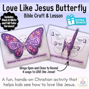 Puede incluir: Un kit de manualidades con temática de mariposas, con el texto "Love Like Jesus Butterfly". El kit incluye versiones en blanco y negro y a color. El diseño de la mariposa tiene las palabras "Love Like Jesus" en sus alas. Es una manualidad y lección bíblica.
