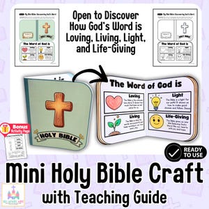 May include: A mini Holy Bible craft with a teaching guide. The open book shows a wooden cross and the words "The Word of God is Loving, Living, Light, and Life-Giving." Includes a bonus activity page. Ready to use.