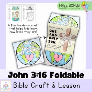 Może przedstawiać: Kolorowe składane rzemiosło biblijne i lekcja Jana 3:16. Rzemiosło przedstawia mapę świata z sercem, krzyżem i tekstem "For God so Loved the World." Zawiera darmową czarno-białą stronę z rzemiosłem latawca.