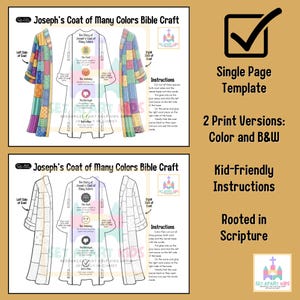 Puede incluir: Manualidad imprimible de dos p&aacute;ginas con la t&uacute;nica de muchos colores de Jos&eacute;. Incluye versiones en color y blanco y negro, instrucciones para ni&ntilde;os y est&aacute; arraigada en las Escrituras. El dise&ntilde;o de la t&uacute;nica es colorido y detallado.