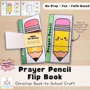 May include: A paper flip book craft titled Prayer Pencil featuring a yellow pencil illustration with a pink eraser and a smiling face. The book opens to reveal three sections with text including Hold Me Steady and Psalm 16:8. Includes a bonus poster.