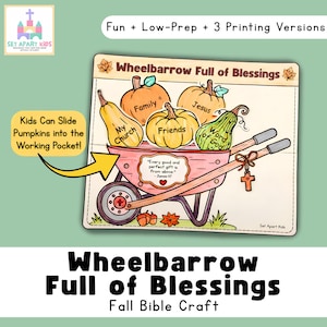 Op de afbeelding: Een papieren knutselwerk getiteld Wheelbarrow Full of Blessings met een roze kruiwagen gevuld met pompoenen gelabeld My Church, Family, Friends, Jesus en Word of God. De kruiwagen bevat een vers uit Jakobus 1:7 en een kruisvormige bedel.