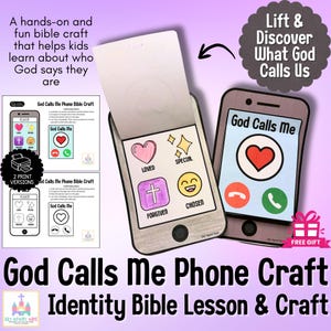 May include: A paper craft kit with a phone design, featuring the text "God Calls Me." The phone displays a heart, cross, and other symbols. The kit includes the text "Lift & Discover What God Calls Us" and "Identity Bible Lesson & Craft."