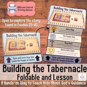 Puede incluir: Un folleto educativo colorido titulado "Building the Tabernacle" con ilustraciones y texto. El diseño incluye un icono de impresora, flechas y el texto "Open to explore the story found in Exodus 25-40".