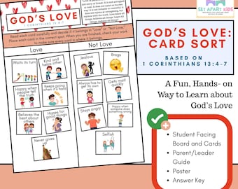 May include: A colorful educational card sort game titled "God's Love" based on 1 Corinthians 13:4-7. The game includes a board, cards, a parent/leader guide, a poster, and an answer key. The cards are categorized into "Love" and "Not Love".
