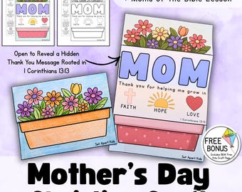 Manualidad bíblica para el Día de la Madre para niños / Regalo para mamás de la escuela dominical / Maceta plegable con forma de flor de fe, esperanza y amor / Actividad imprimible de 1 Corintios 13:13