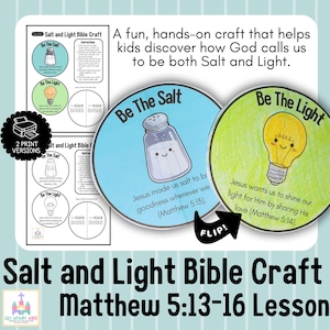 以下が含まれることがあります： 「Salt and Light Bible Craft」と題された、教育的なクラフトキット。 デザインは、笑顔の顔をした塩入れと電球、聖書の詩が特徴です。 このキットは子供向けに設計されています。
