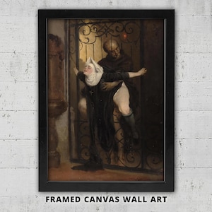 May include: A framed canvas wall art print featuring a dark, dramatic painting of a figure in a black habit and white headpiece being held by a person in dark robes against an ornate iron gate. The text FRAMED CANVAS WALL ART is printed below.