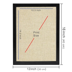 May include: A rectangular black picture frame with a beige linen-textured insert. The frame measures 12 inches by 16 inches, while the internal print area measures 10.3 inches by 14.2 inches, as indicated by the text and measurement lines.