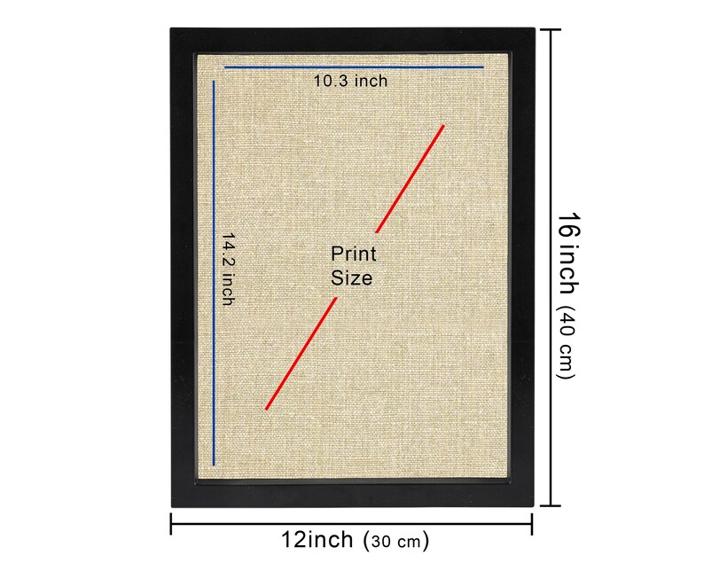 May include: A rectangular black picture frame with a beige linen-textured insert. The frame measures 12 inches by 16 inches, while the internal print area measures 10.3 inches by 14.2 inches, as indicated by the text and measurement lines.