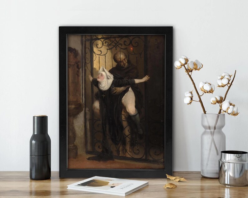 May include: A framed art print depicting a dark, historical scene of a person in a white head covering and black robes being carried by another figure in dark clothing, set against an ornate metal gate with warm, dim lighting and shadows.